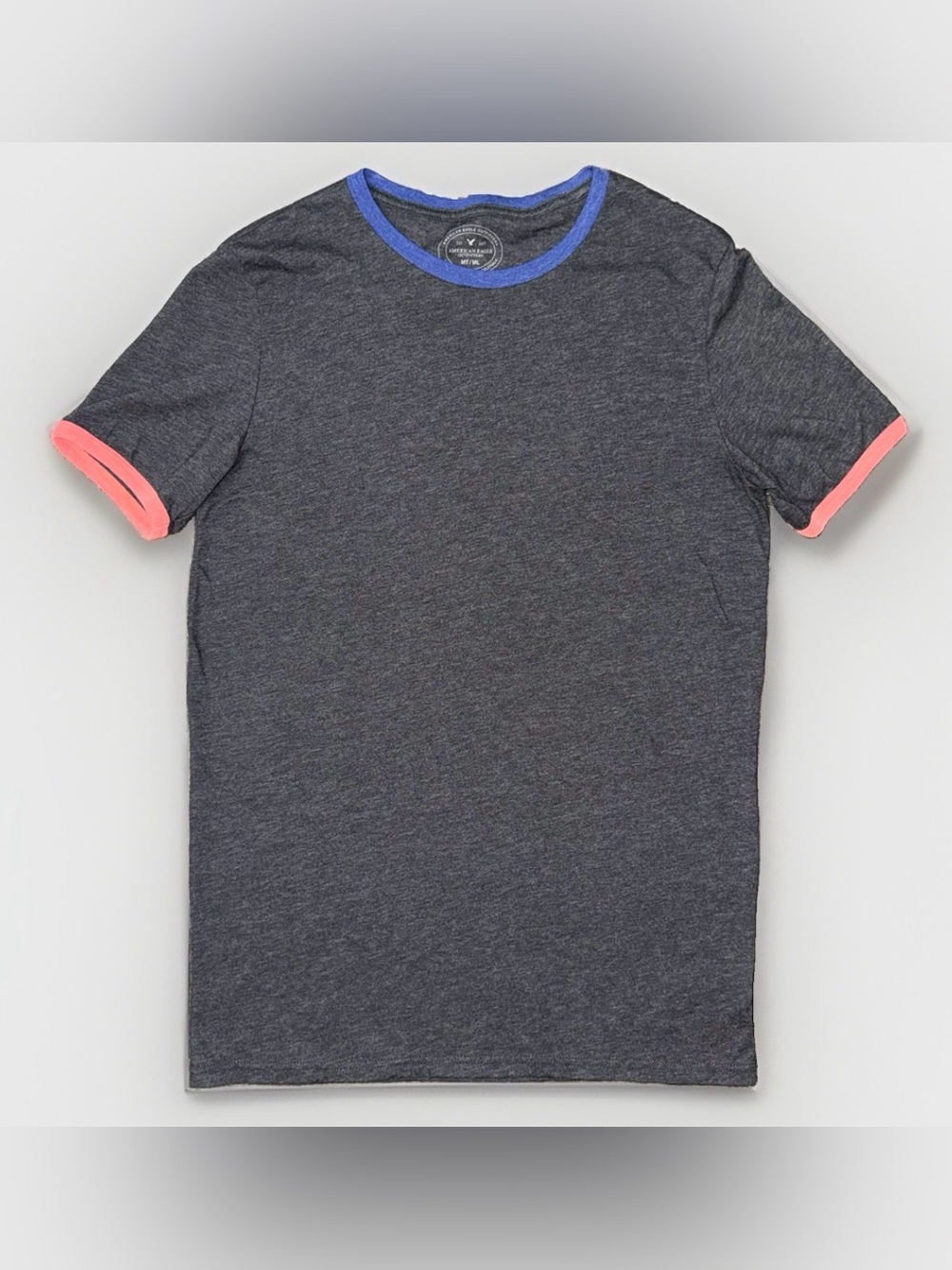 American Eagle Ringer T Shirt Mens MT Medium Tall Gray Pink Blue Colorblock